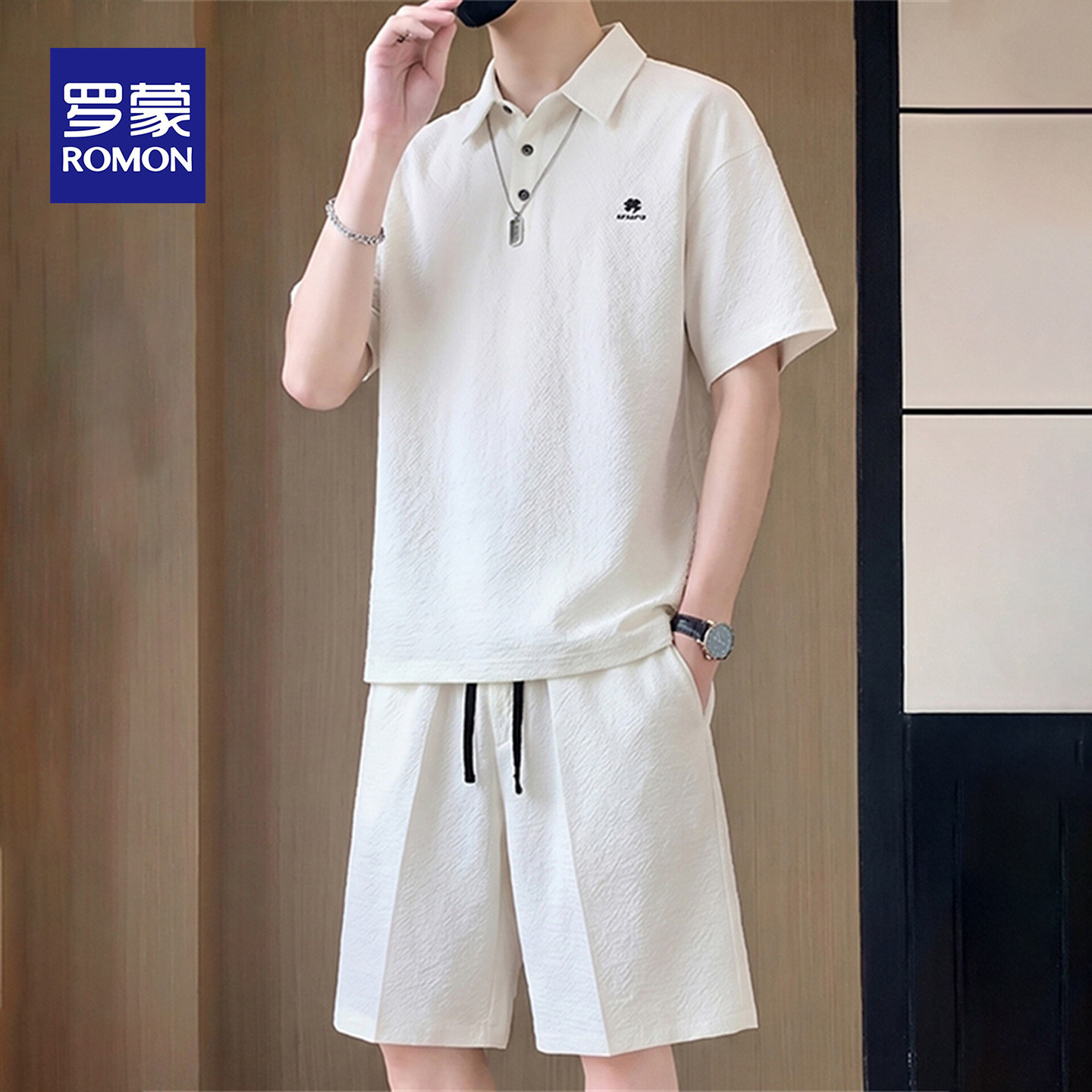 罗蒙休闲运动套装男士夏季薄款提花短袖Polo衫搭配短裤两件套男装