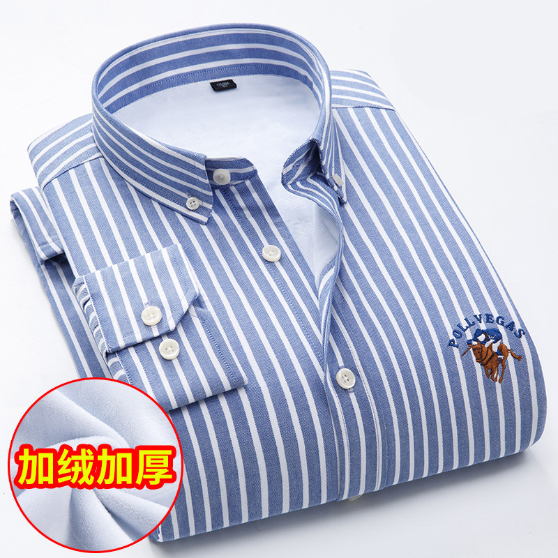 保罗冬季男士保暖衬衫青年条纹加绒加厚牛津纺纯棉衬衣中老年上衣