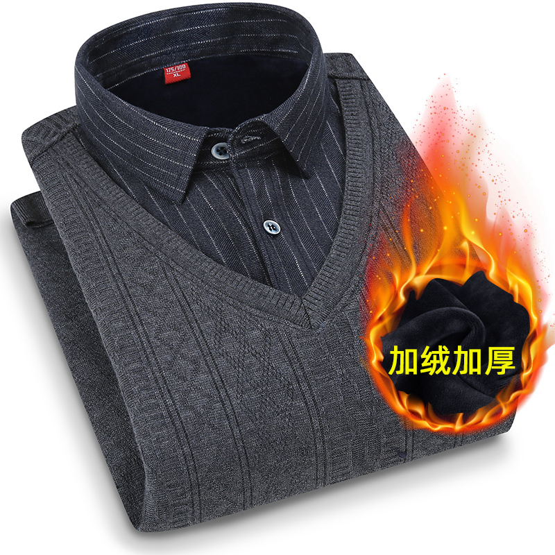 男保暖衬衫假两件加绒加厚打底衫
