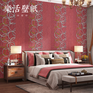 卧室客厅饭店背景墙红色墙纸 北欧圆圈条纹亚麻布纹无纺布壁纸中式