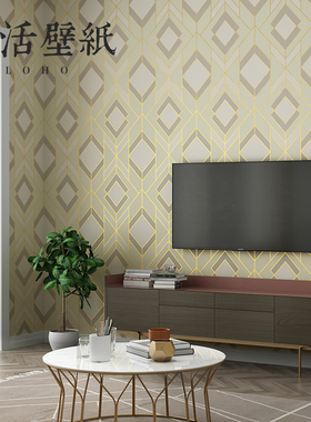 北欧几何图形米黄紫色方块格子墙纸客厅卧室背景墙壁纸烫金无纺布