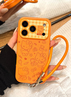 星宇橙色线条小熊kitty猫大视窗手拎皮绳适用于iphone17promax苹果14手机壳15新款16pro女13皮纹17pm防摔软壳
