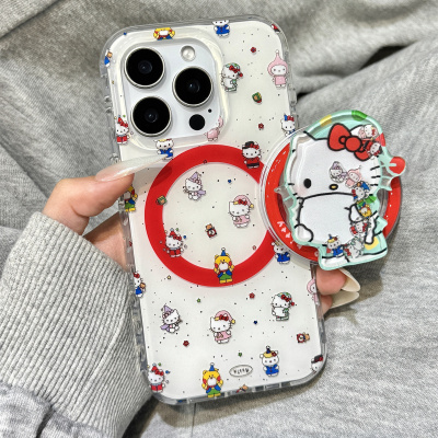 泼墨油画满屏睡衣kitty猫磁吸支架适用于iphone16promax苹果14手机壳15新款15pro女16少女心13pm硅胶防摔软壳