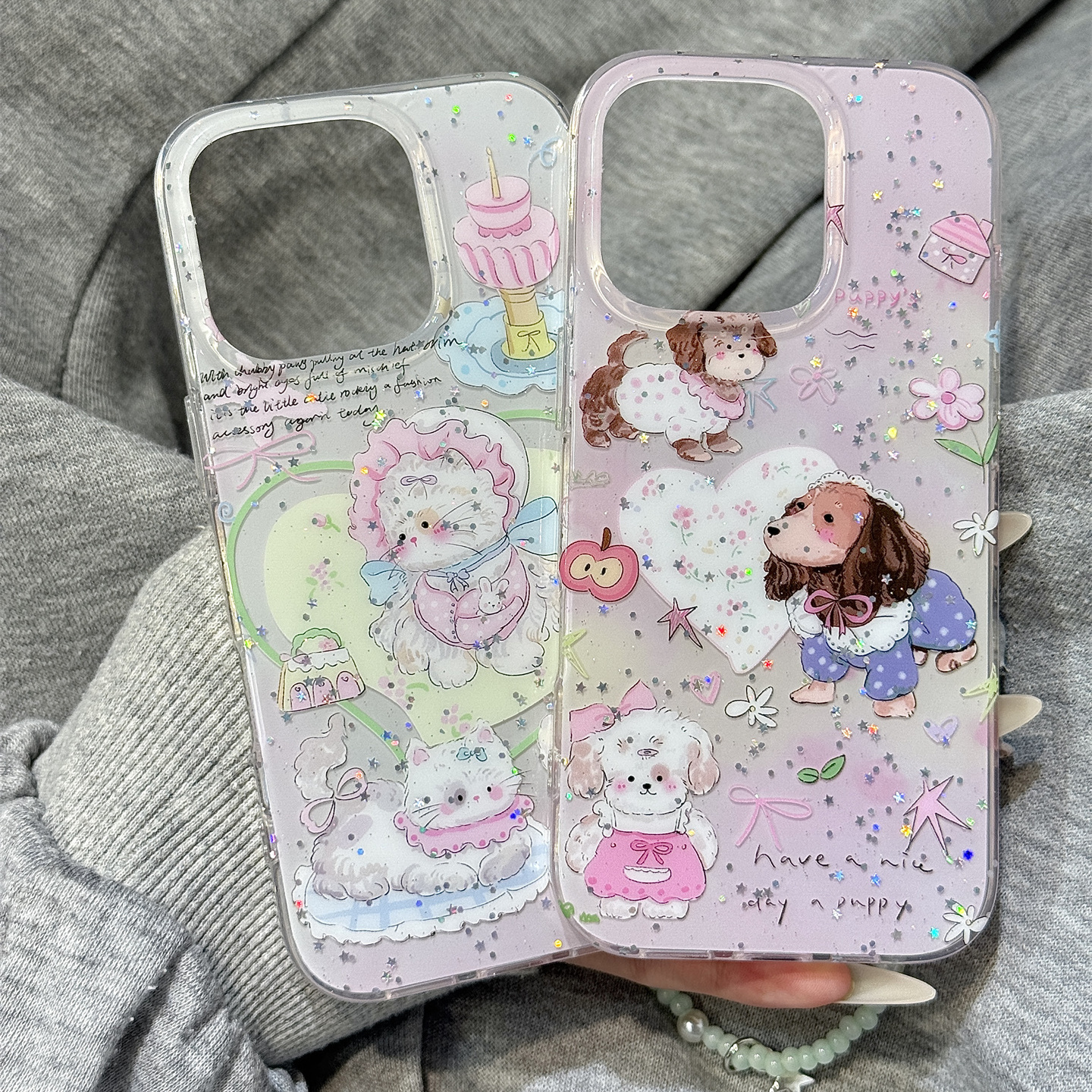 闪粉亮片花朵爱心蝴蝶结猫咪狗狗链条适用于iphone16promax苹果14手机壳15新款15pro女16情侣13pm硅胶防摔套