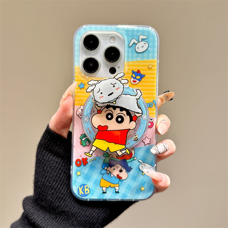 可爱卡通动漫蜡笔小新旋转磁吸支架适用于iphone16promax苹果14手机壳15新款15pro女16双层13pm硅胶防摔软壳
