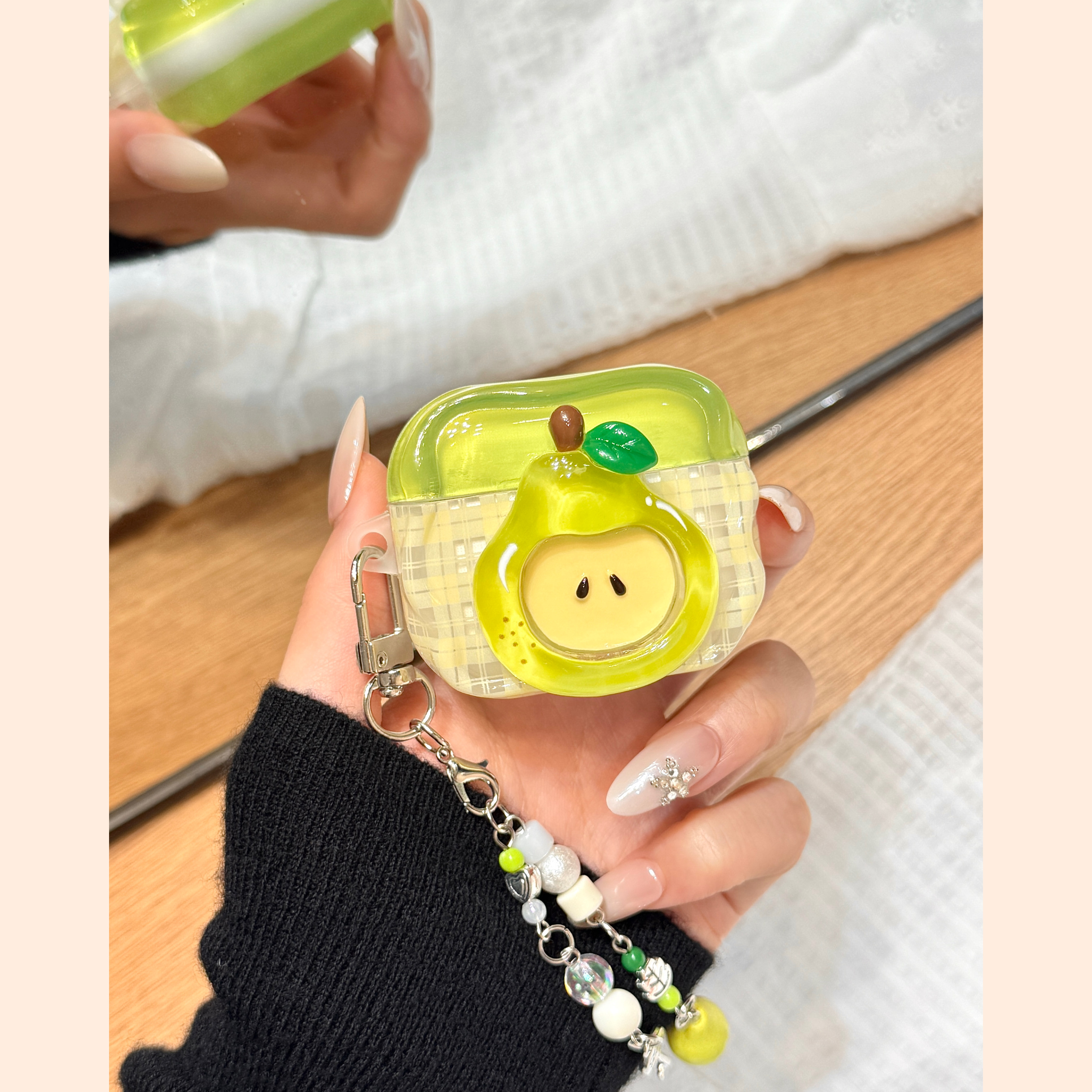 拼色格子纹立体水晶青梨挂件适用于苹果AirPodspro3耳机保护套AirPods pro4新款无线蓝牙3代AirPods1/2硅胶款