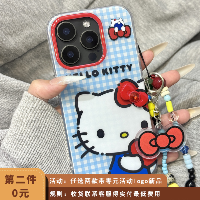 蓝白格子纹kitty猫立体蝴蝶结挂件链条适用于iphone16promax苹果14手机壳15新款15pro女16可爱13pm硅胶防摔套