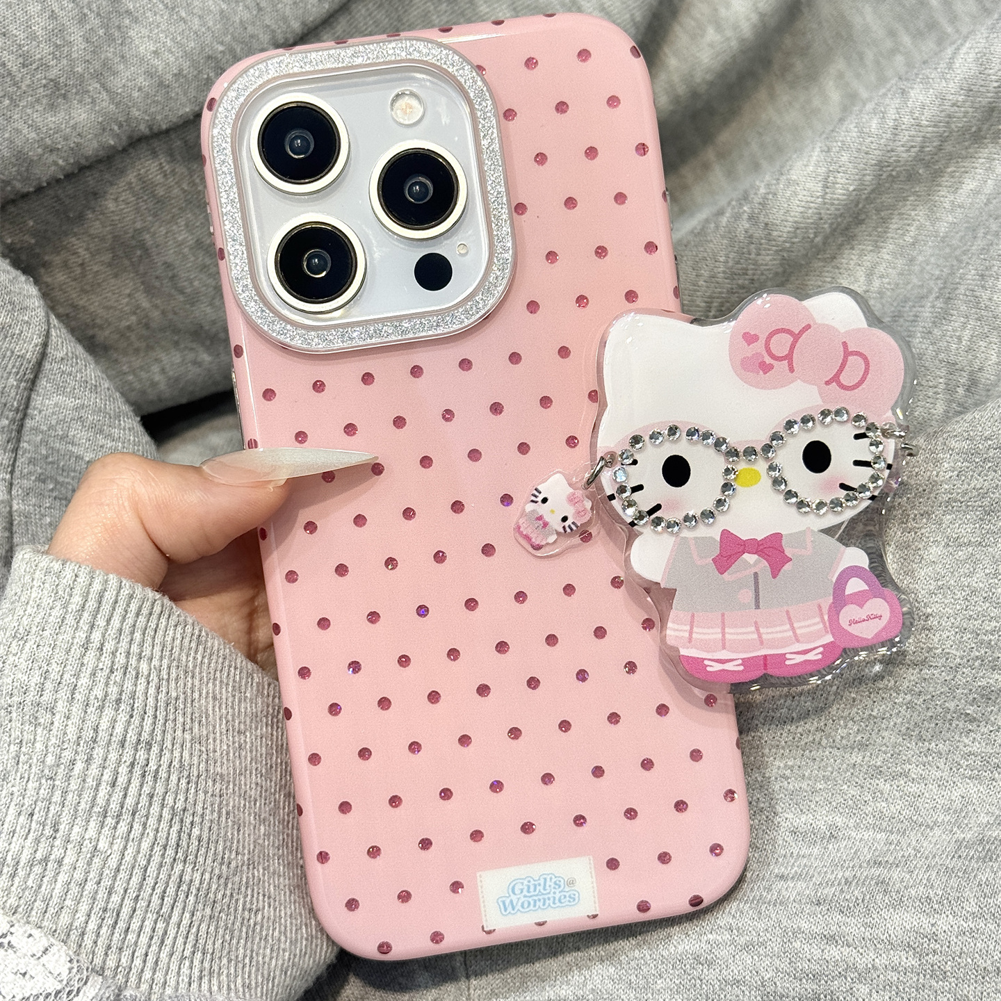 ins少女心粉色波点立体钻眼镜kitty猫支架适用于iphone16promax苹果14手机壳15新款15pro女16硅胶13pm防摔套