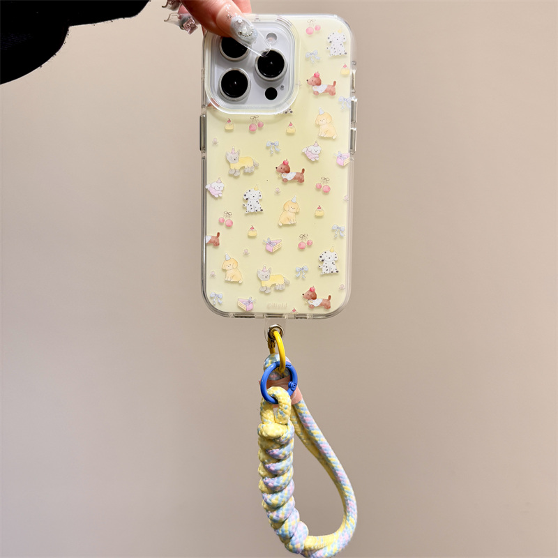 ins小清新油画甜品狗狗手拎绳适用于iphone16promax苹果14手机壳15新款15pro女16少女心13pm硅胶创意防摔软壳