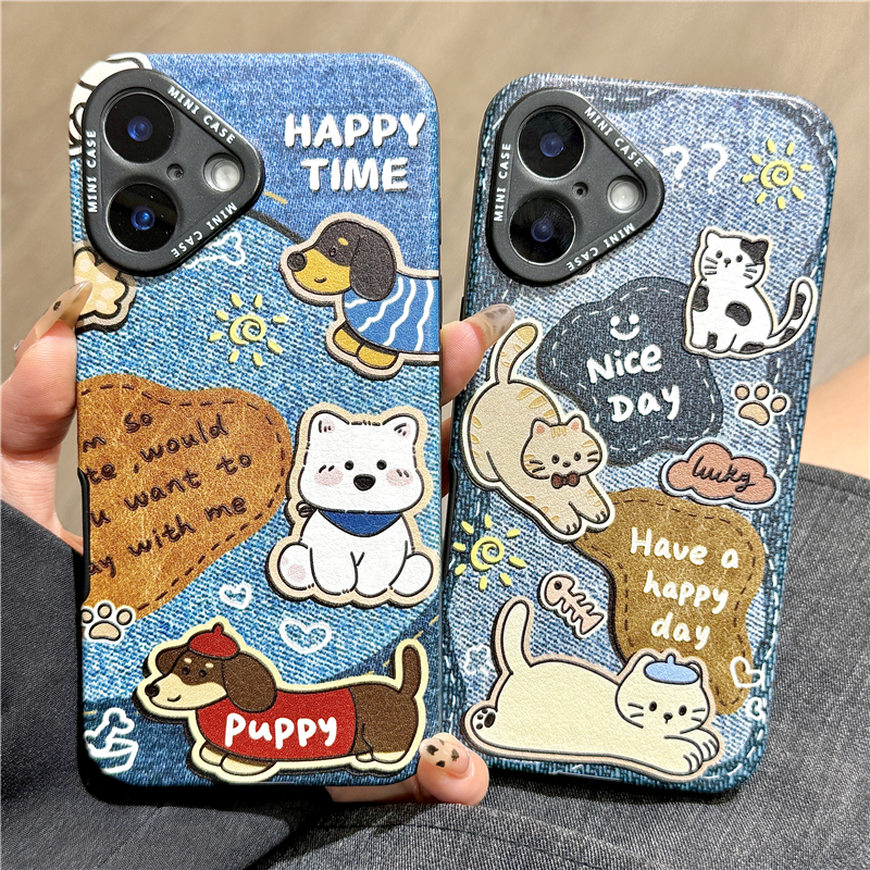 玩胜 复古牛仔蓝可爱油画猫咪狗狗iphone16promax苹果14手机壳15新款15pro女16情侣13pm蚕丝纹硅胶创意防摔套