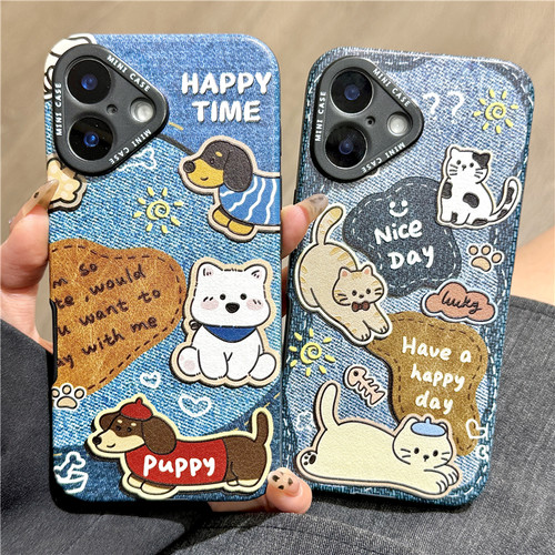 玩胜 复古牛仔蓝可爱油画猫咪狗狗iphone16promax苹果14手机壳15新款15pro女16情侣13pm蚕丝纹硅胶创意防摔套
