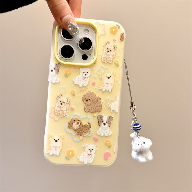 奶呼呼涂鸦油画花朵狗狗公仔挂件适用于iphone16promax苹果14手机壳15新款15pro女16可爱13pm硅胶创意防摔套