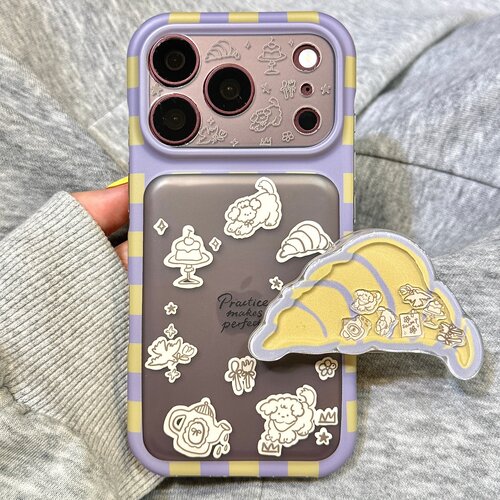半透双层可爱围边甜品狗狗牛角包支架适用于iphone18promax苹果17手机壳15新款16pro女17pm双层硅胶防摔软壳