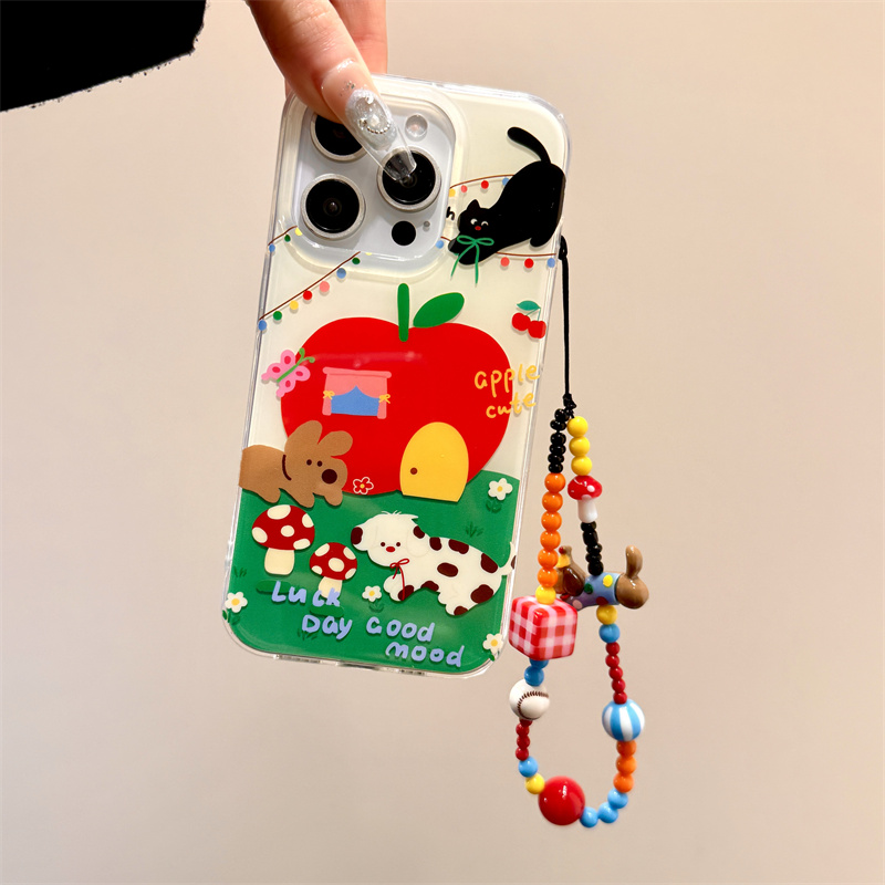 可爱油画红苹果房屋猫咪狗狗链条适用于iphone16promax苹果14手机壳15新款15pro女16少女心13pm硅胶防摔软壳