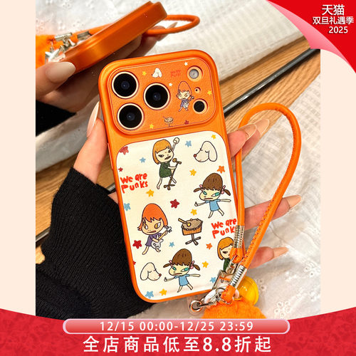 彩色星星皮纹奈良美智女孩大视窗手拎皮绳适用于iphone17promax苹果14手机壳15新款16pro女13全包17pm防摔套