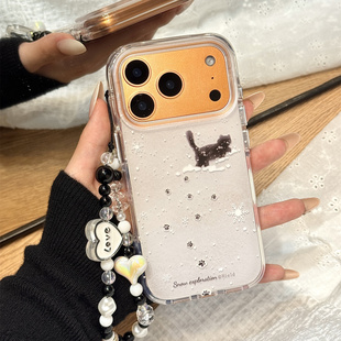 可爱油画冬日踏雪寻猫链条适用于iphone17promax苹果14手机壳15新款 16pro女13少女心17pm双层硅胶创意防摔套