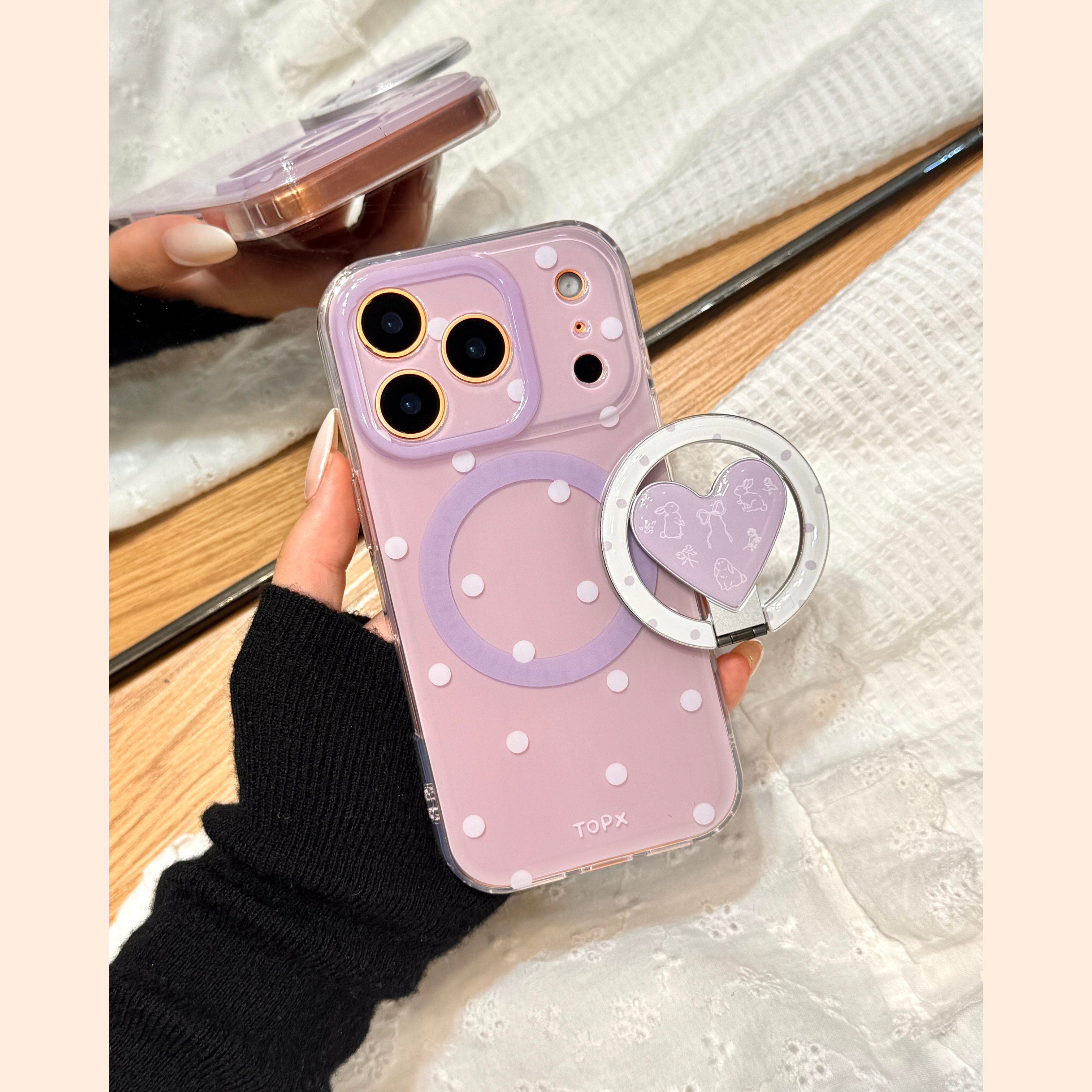 满屏白色波点线条蝴蝶结兔子爱心磁吸支架适用于iphone17promax苹果14手机壳15新款16pro女13硅胶17pm防摔套