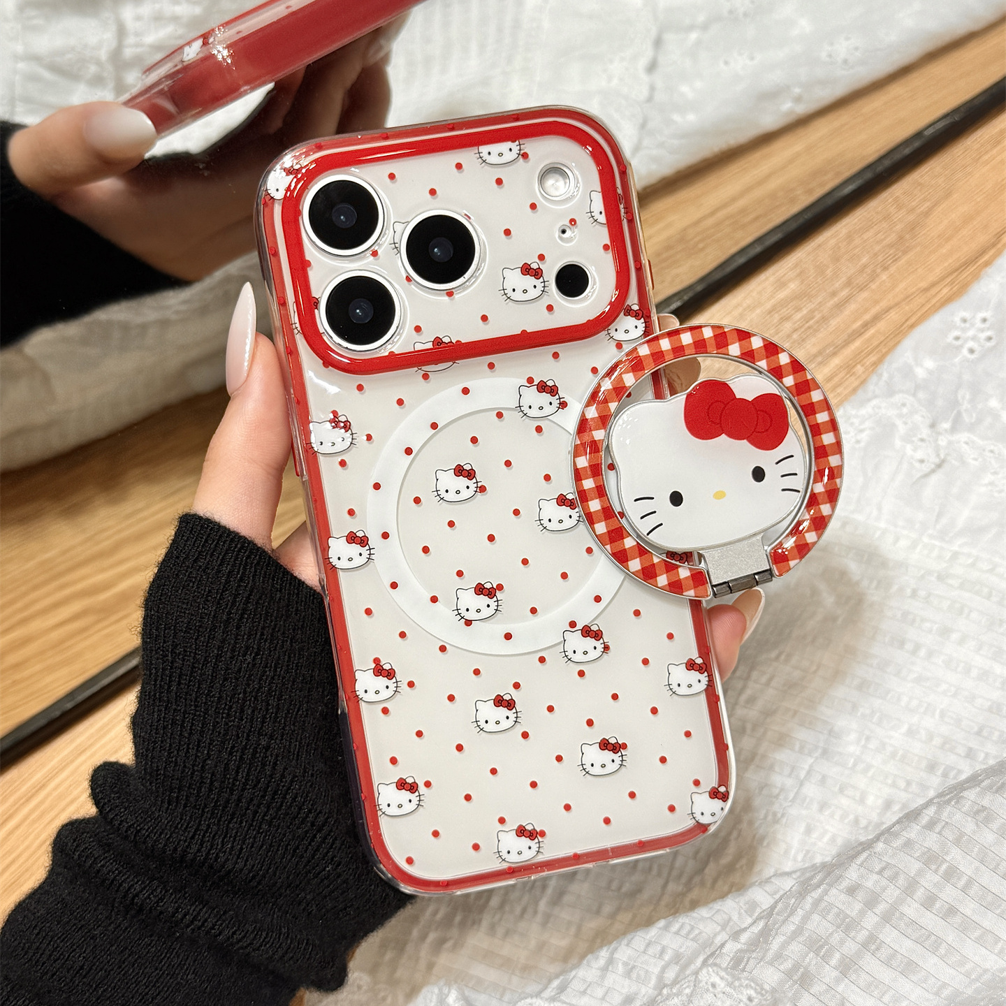 满屏红色波点kitty猫折叠磁吸支架适用于iphone17promax苹果14手机壳15新款16pro女13二合一17pm硅胶防摔软壳