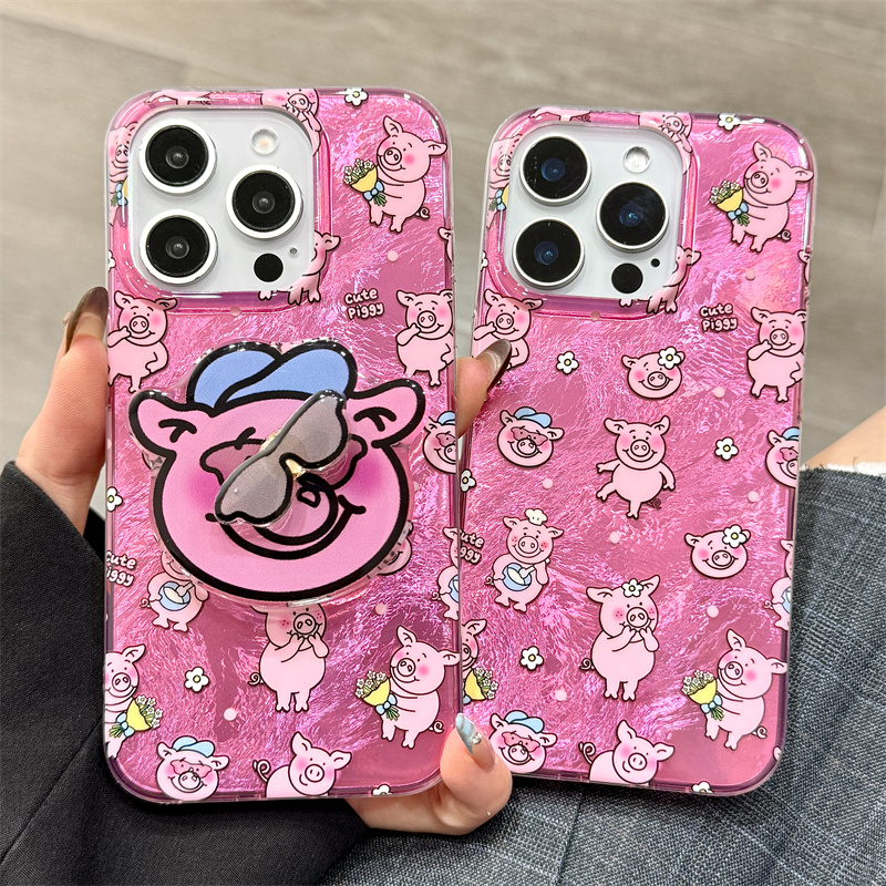 玩胜 可爱油画粉色玛莎猪旋转墨镜支架iphone16promax苹果14手机壳15新款15pro女16锡纸纹13pm硅胶创意防摔套