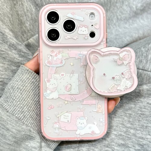 ins少女心粉色油画甜品猫咪磁吸支架适用于iphone17promax苹果17手机壳15新款16pro女17pm二合一硅胶防摔软壳