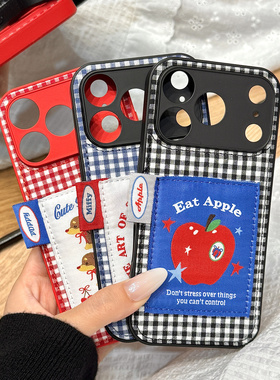 简约风格子纹米菲兔腊肠狗红苹果标签适用于iphone17promax苹果14手机壳15新款16pro女13情侣17pm全包防摔套