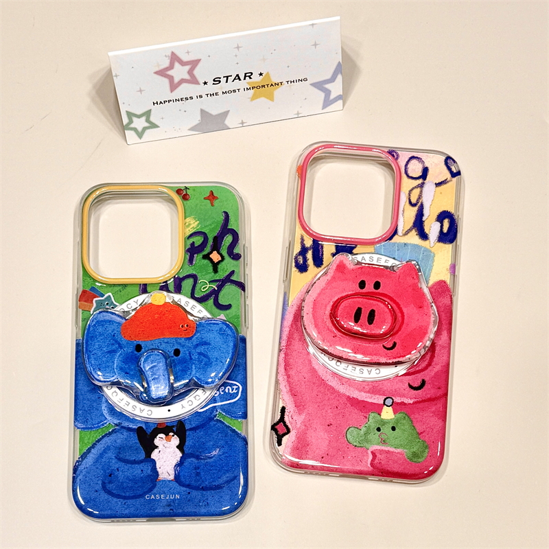 玩胜 涂鸦油画大象粉猪旋转磁吸支架iphone16promax苹果14手机壳15新款15pro女16情侣13pm双层硅胶创意防摔套