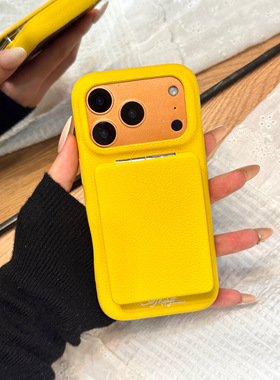 秋冬荔枝纹黄色皮质翻盖补妆镜支架适用于iphone17promax苹果14手机壳15新款16pro女13高级感17pm防摔保护套