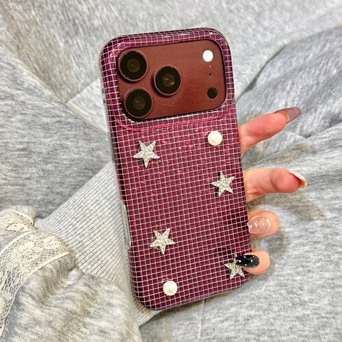 樱桃红色钻纹格子纹立体珍珠钻星星适用于iphone18promax苹果17手机壳15新款16pro女17pm双层硅胶创意防摔套