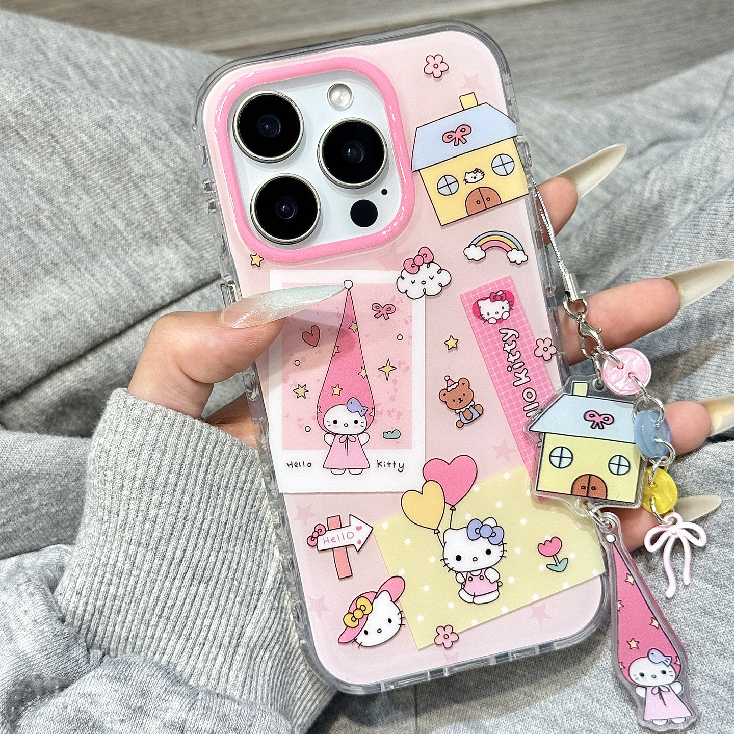 少女心粉色油画礼帽kitty猫房屋挂件适用于iphone16promax苹果14手机壳15新款15pro女16可爱13pm硅胶防摔软壳