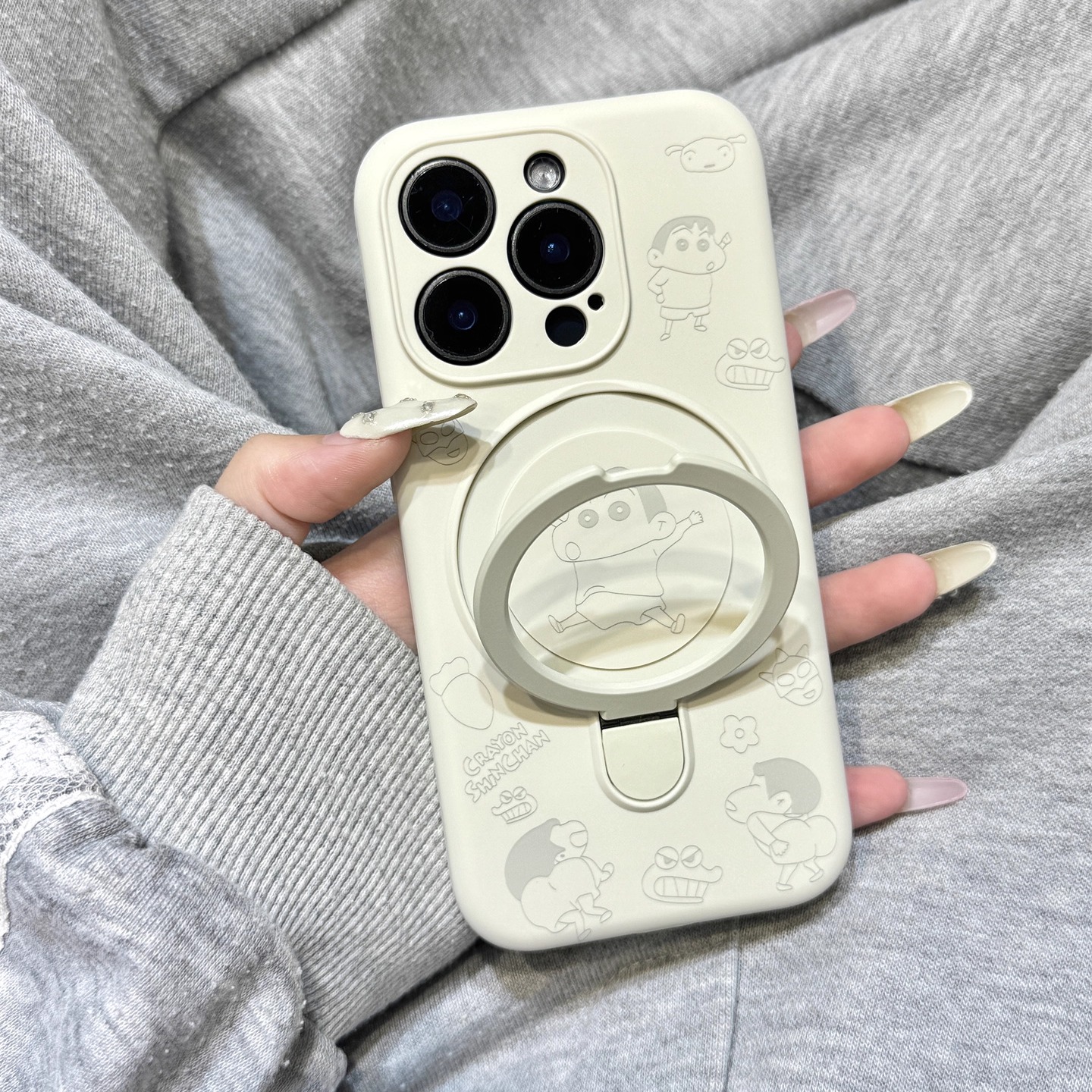 古董白玩耍线条蜡笔小新支点支架适用于iphone17promax苹果14磁吸手机壳15新款16pro女13液态硅胶17Air防摔套