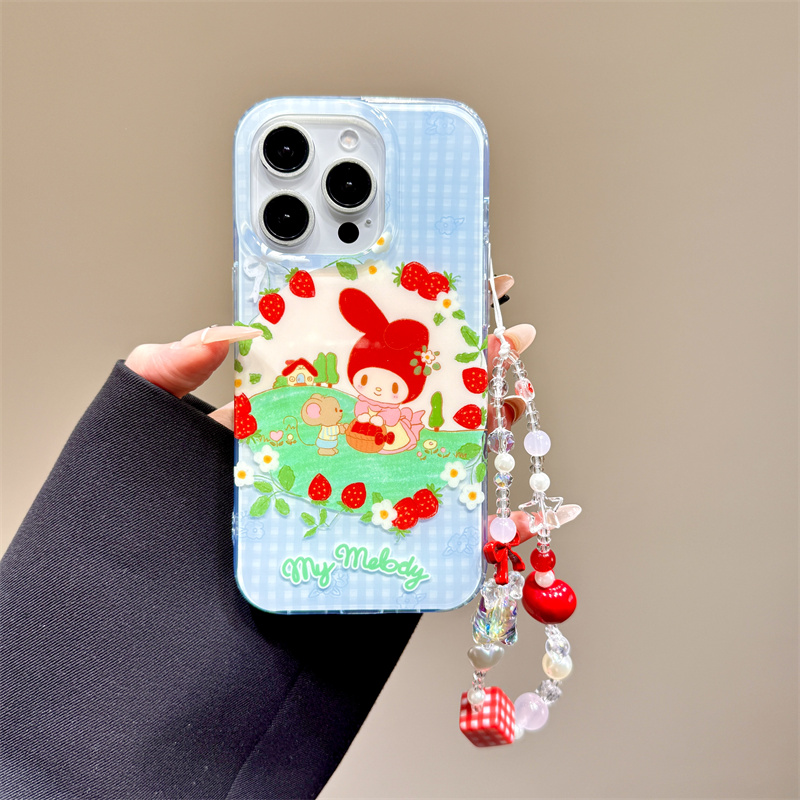 小清新蓝白格子草莓花朵美乐蒂链条适用于iphone16promax苹果14手机壳15新款15pro女16可爱13pm硅胶防摔软壳