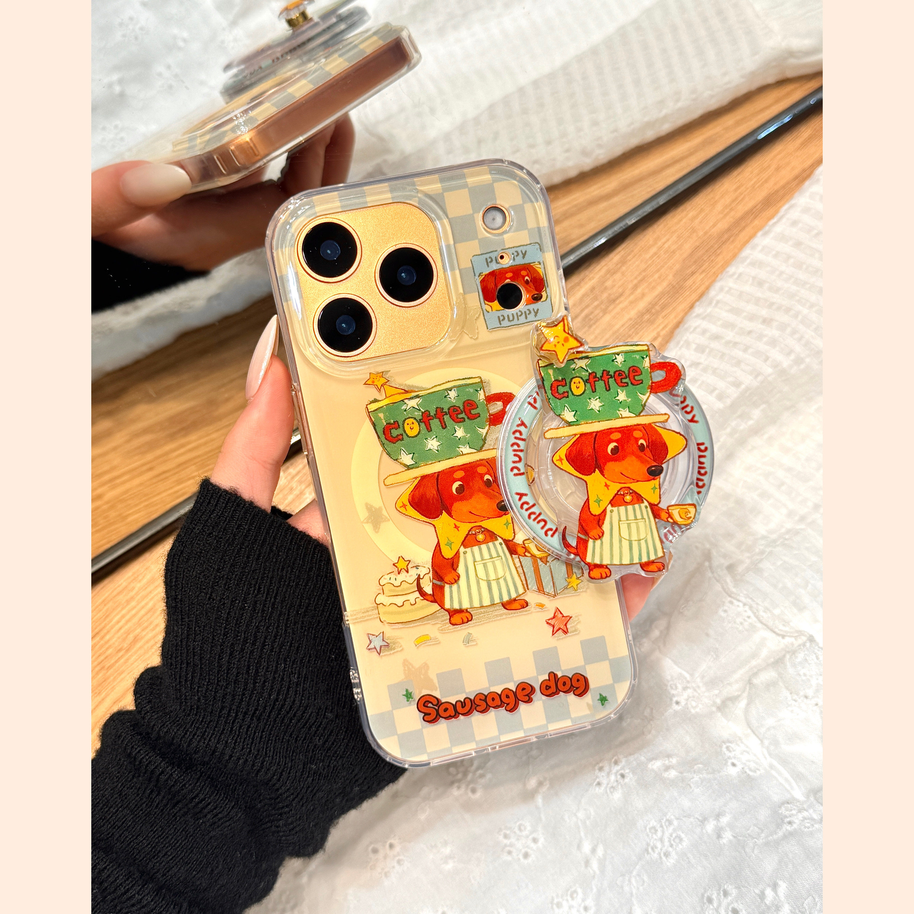 涂鸦油画可爱茶杯腊肠狗旋转磁吸支架适用于iphone17prom