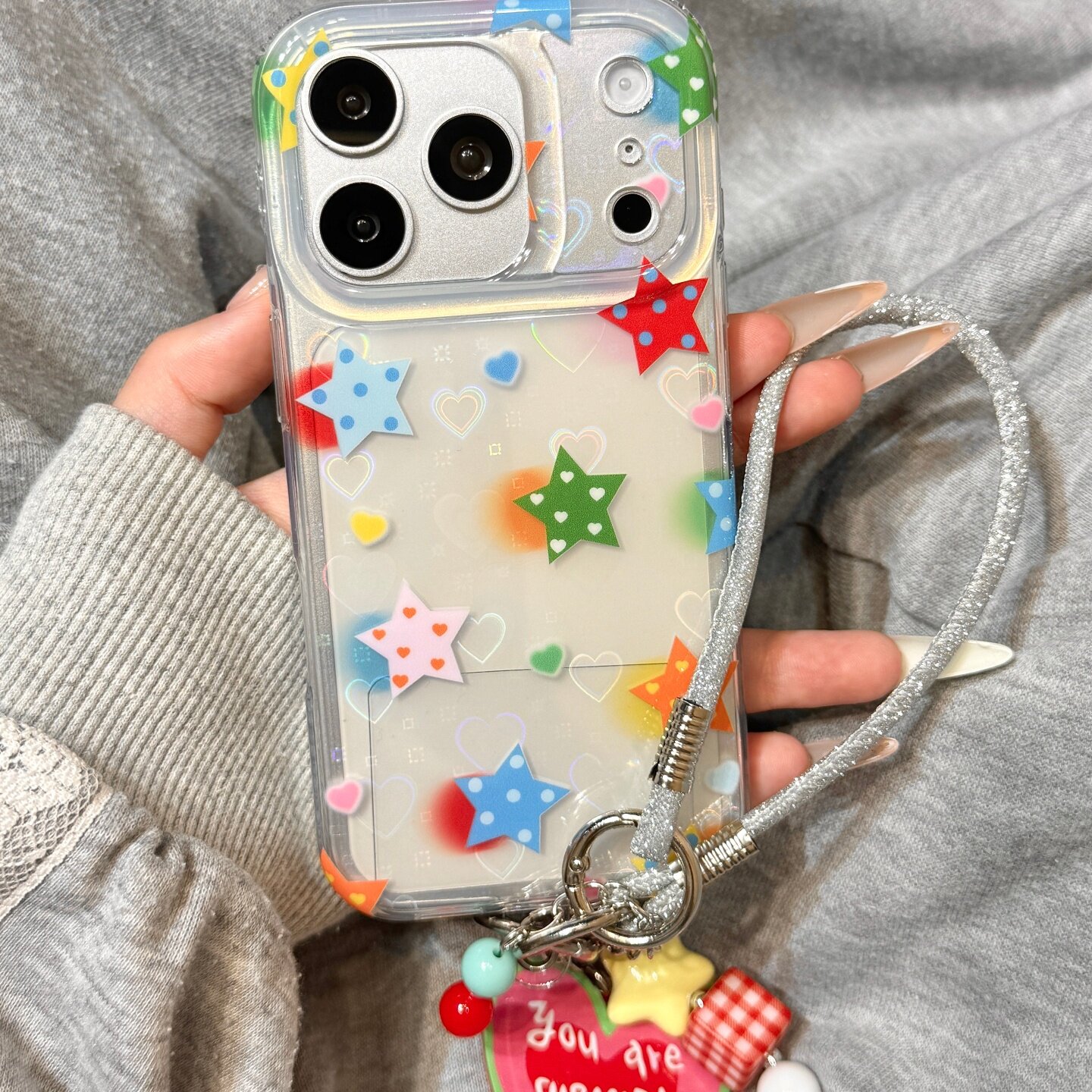 韩风ins镭射爱心彩色波点星星挂件手拎绳适用于iphone17promax苹果14手机壳15新款16pro女13硅胶17pm防摔软壳