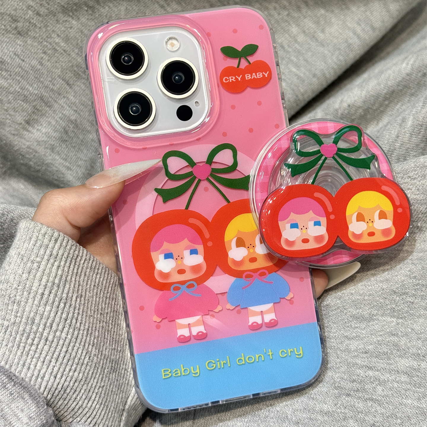 可爱波点樱桃哭泣女孩磁吸支架适用于iphone16promax苹果14手机壳15新款15pro女16少女心13pm双层硅胶防摔套