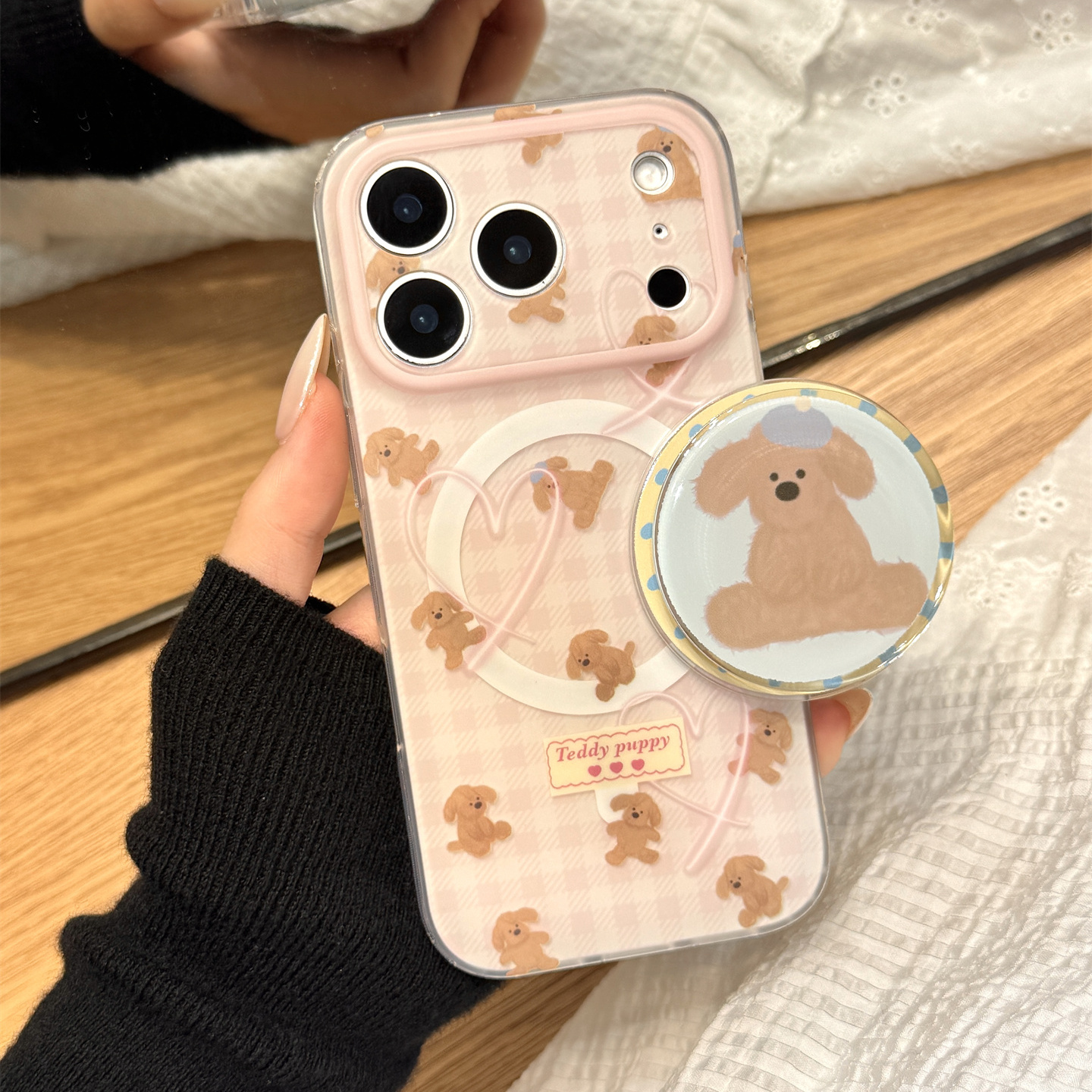 少女粉格子纹爱心狗狗磁吸支架适用于iphone17promax苹果14手机壳15新款16pro女13可爱17pm双层硅胶防摔软壳