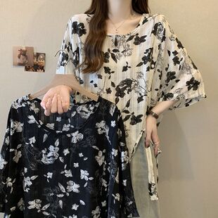 胖妹妹宽松显瘦短袖 大码 女夏季 不规则碎花雪纺衬衫 上衣 遮肚子法式