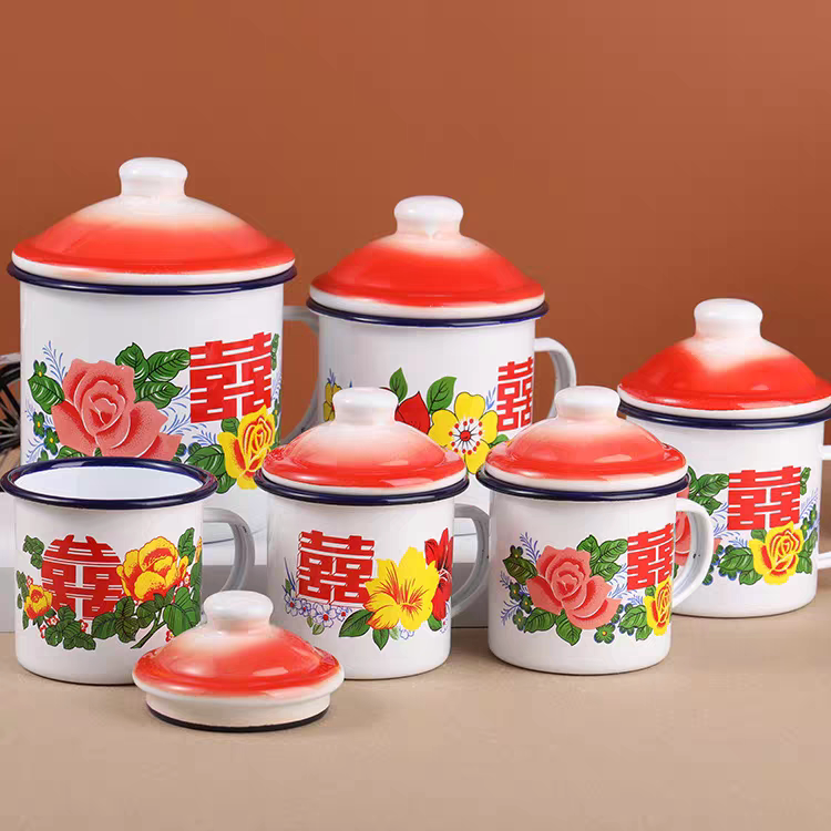 大号16厘米精品特厚双喜杯经典怀旧带红色盖子饭店结婚餐饮杯子