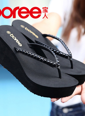 宝人外穿人字拖女2026夏季水钻拖鞋坡跟沙滩鞋松糕防滑厚底凉拖鞋