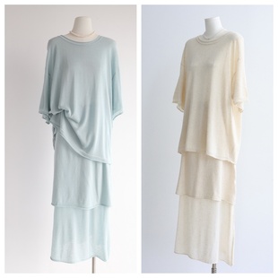 双层半身裙套装 天丝亚麻针织衫 卷边圆领中袖 慵懒风随性宽松中长款