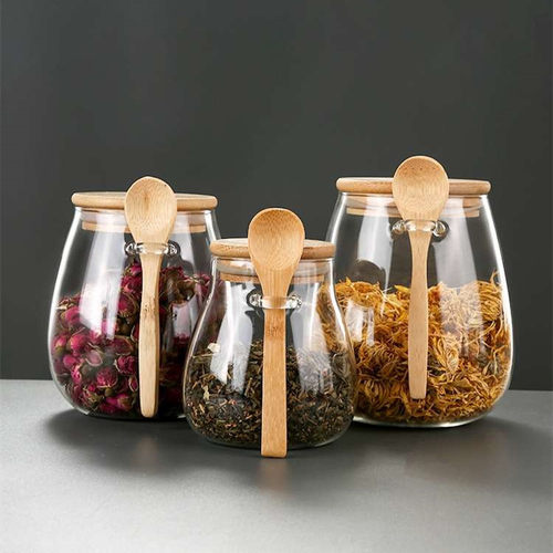 Transparent glass snack storage jar with wooden lid, large b
