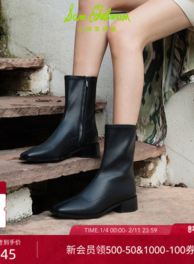 SAM EDELMAN山姆爱德曼冬粗跟方头瘦瘦靴拉链短靴女黑TIERNEY