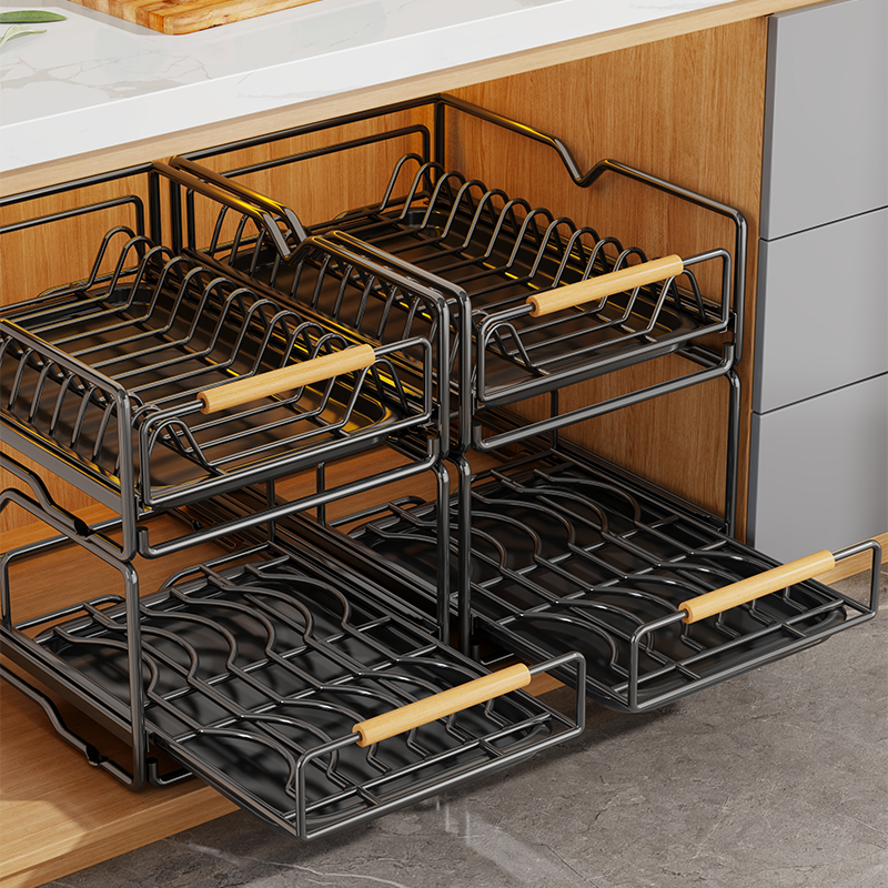 可抽拉碗架橱柜内置放碗碟收纳架碗盘拉篮沥水架厨房抽屉式置物架