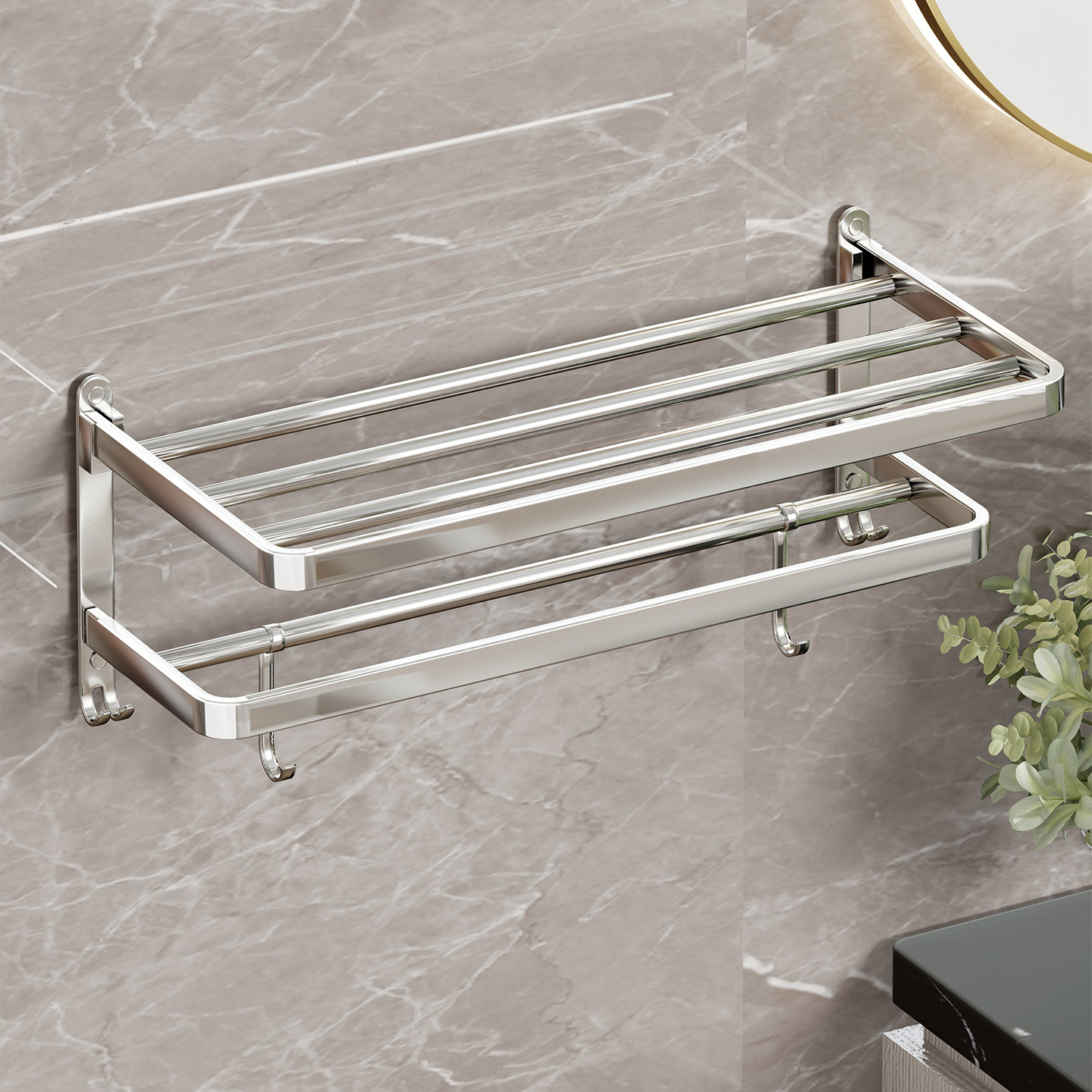 新款毛巾架卫生间置物架免打孔不锈钢浴巾架一体挂架套件厕所浴室