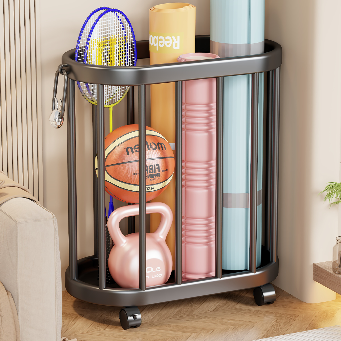 瑜伽垫收纳筐家用大容量带轮移动健身工具整理神器运动器材收纳篮,收纳整理,运动器材收纳用具,淘宝优惠券,粉丝福利购,淘宝优惠卷