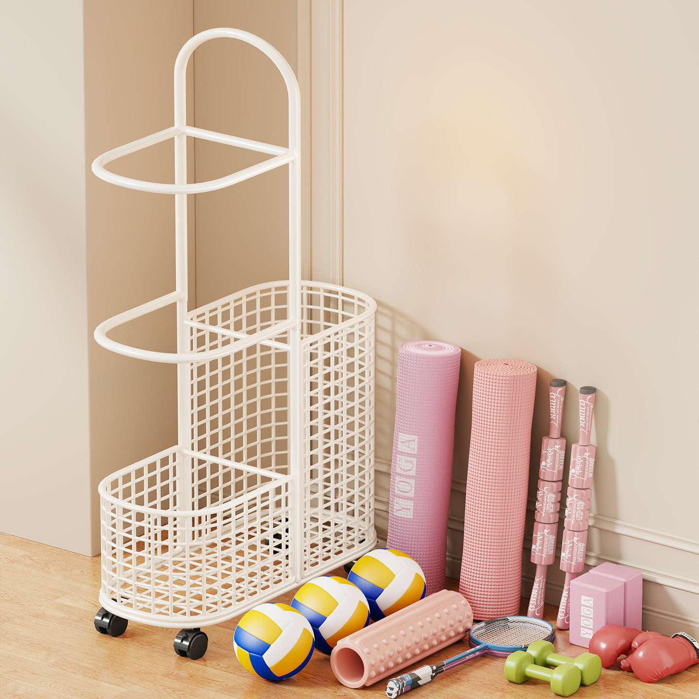 篮球收纳架家用大容量带轮多功能运动器材健身用具瑜伽垫整理神器,收纳整理,运动器材收纳用具,淘宝优惠券,粉丝福利购,淘宝优惠卷