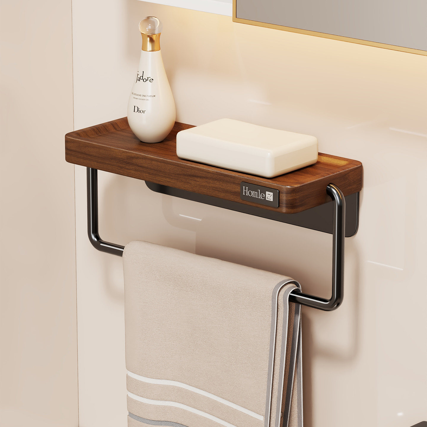 实木毛巾架卫生间家用免打孔毛巾环浴室墙上壁挂浴巾收纳置物架子