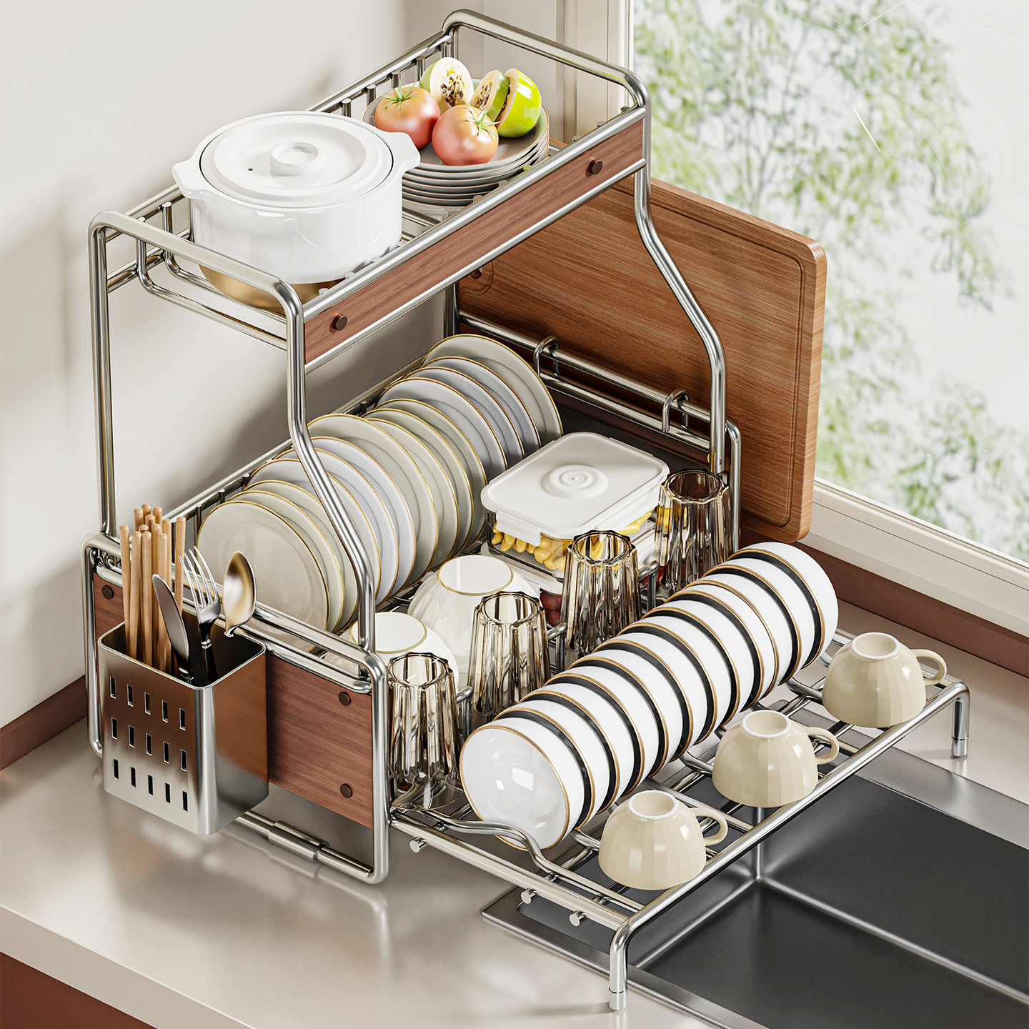 中古风碗盘架厨房台面可伸缩餐