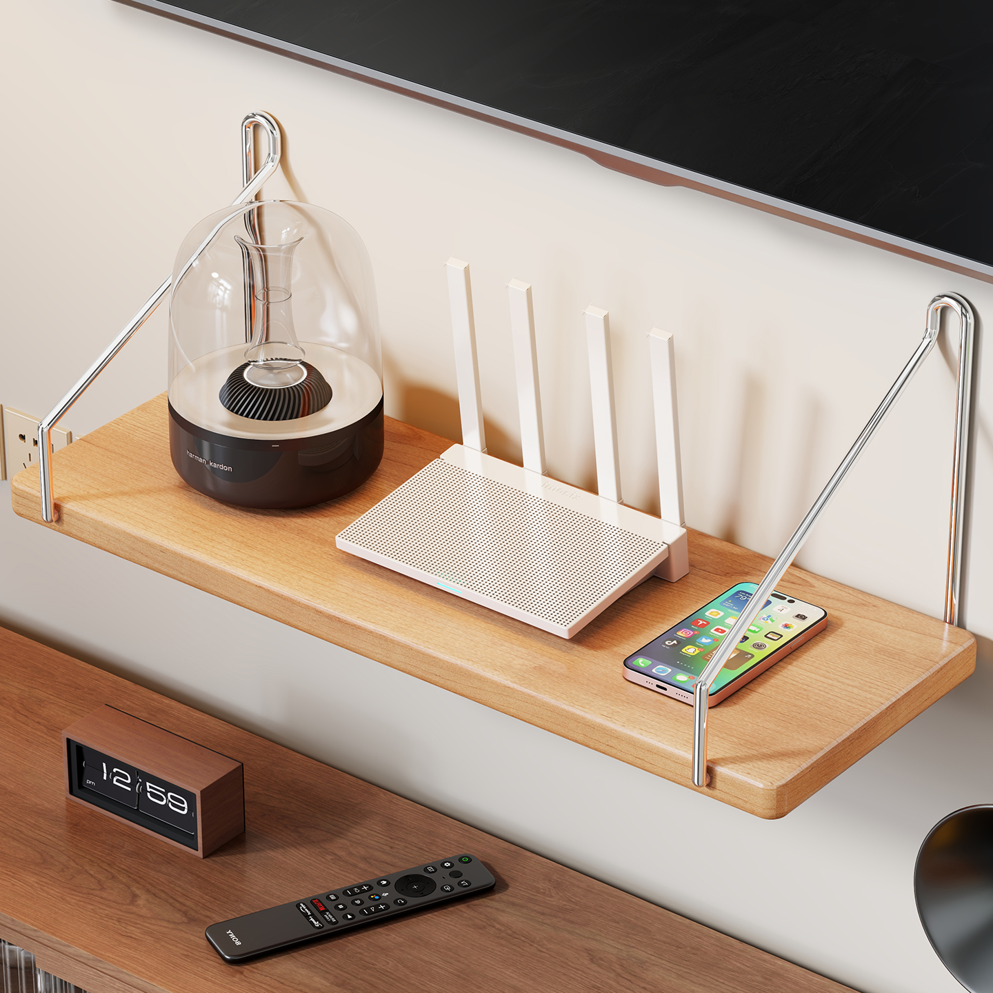 实木路由器放置架摄像头室