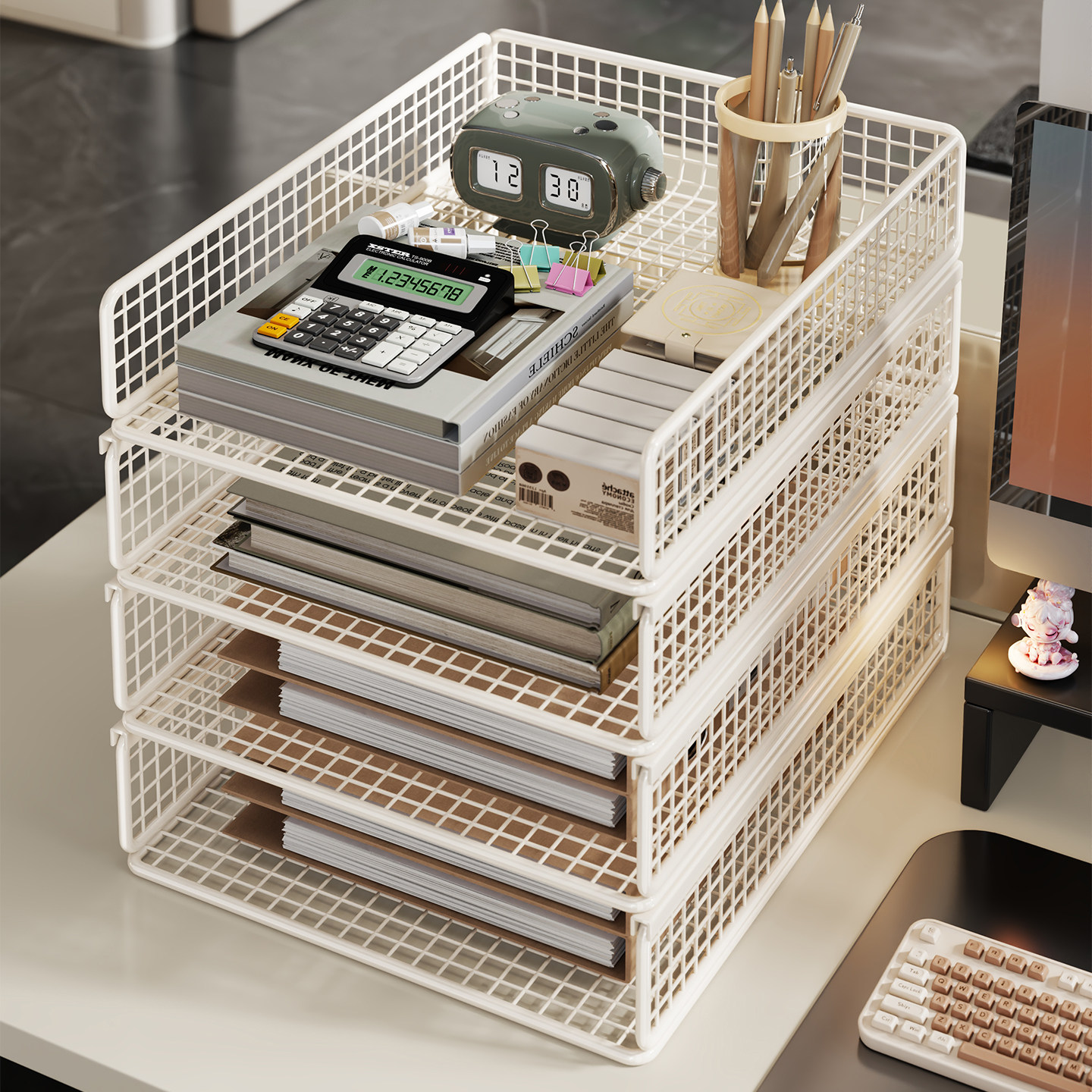 桌面文件架铁艺网格文件收纳架可叠加式多层分格资料架工位多功能文件框办公书本置物架学生书桌整理用品书架