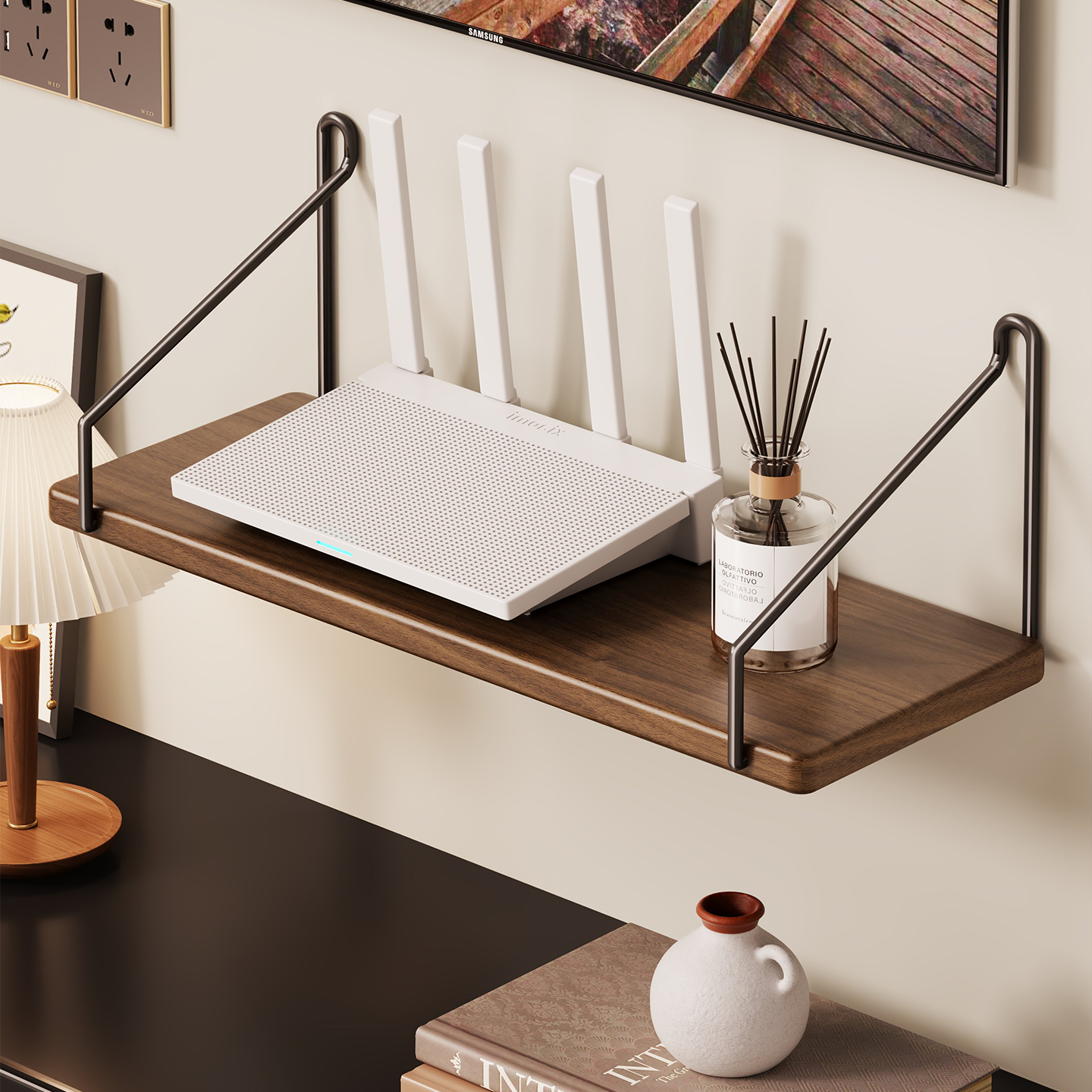 实木路由器放置架收纳神器